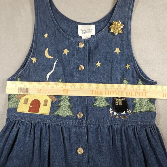Vintage Denim Dress Womens 6 Nature Bear Cabin Embroidered Novelty Cottagecore - Picture 13 of 16